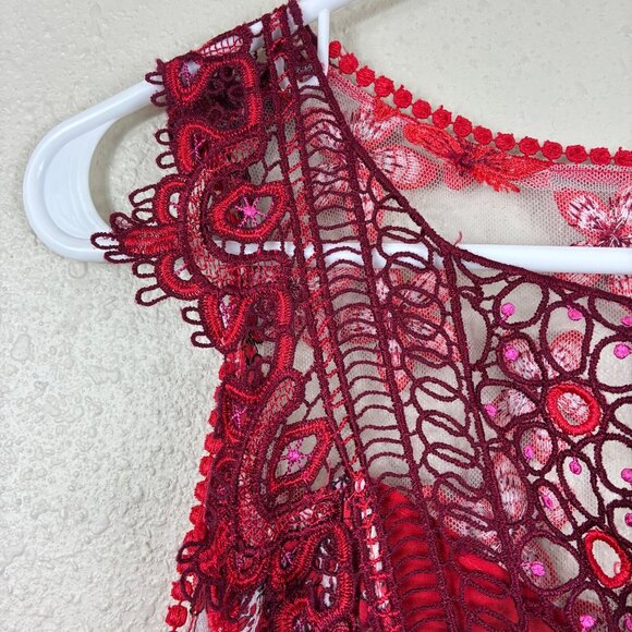 Ellie Tahari McKenna Sleeveless Floral Chiffon Silk Red Lace Metallic Stripe Sz - Picture 3 of 10